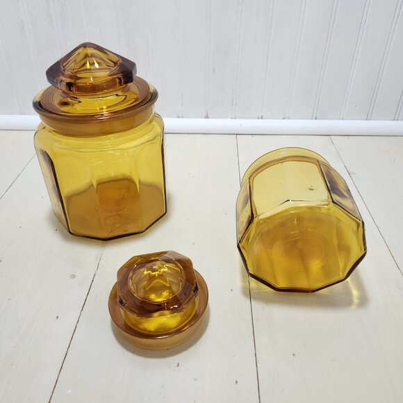 Vtg LE Smith 10 Panel Amber Glass Apothecary Lid Jar 5.25 & 7.25 Canister Set 2‎ - Picture 5 of 12